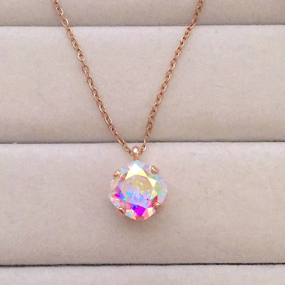 Aurora Borealis + Rose Gold Cushion Cut Crystal Drop Pendant Necklace - Picture 9 of 10